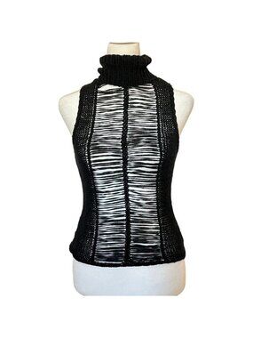 Cybergoth XS Top Open Weave Knit Mesh Shredded Panel Mock Neck Indie Sleaze Club